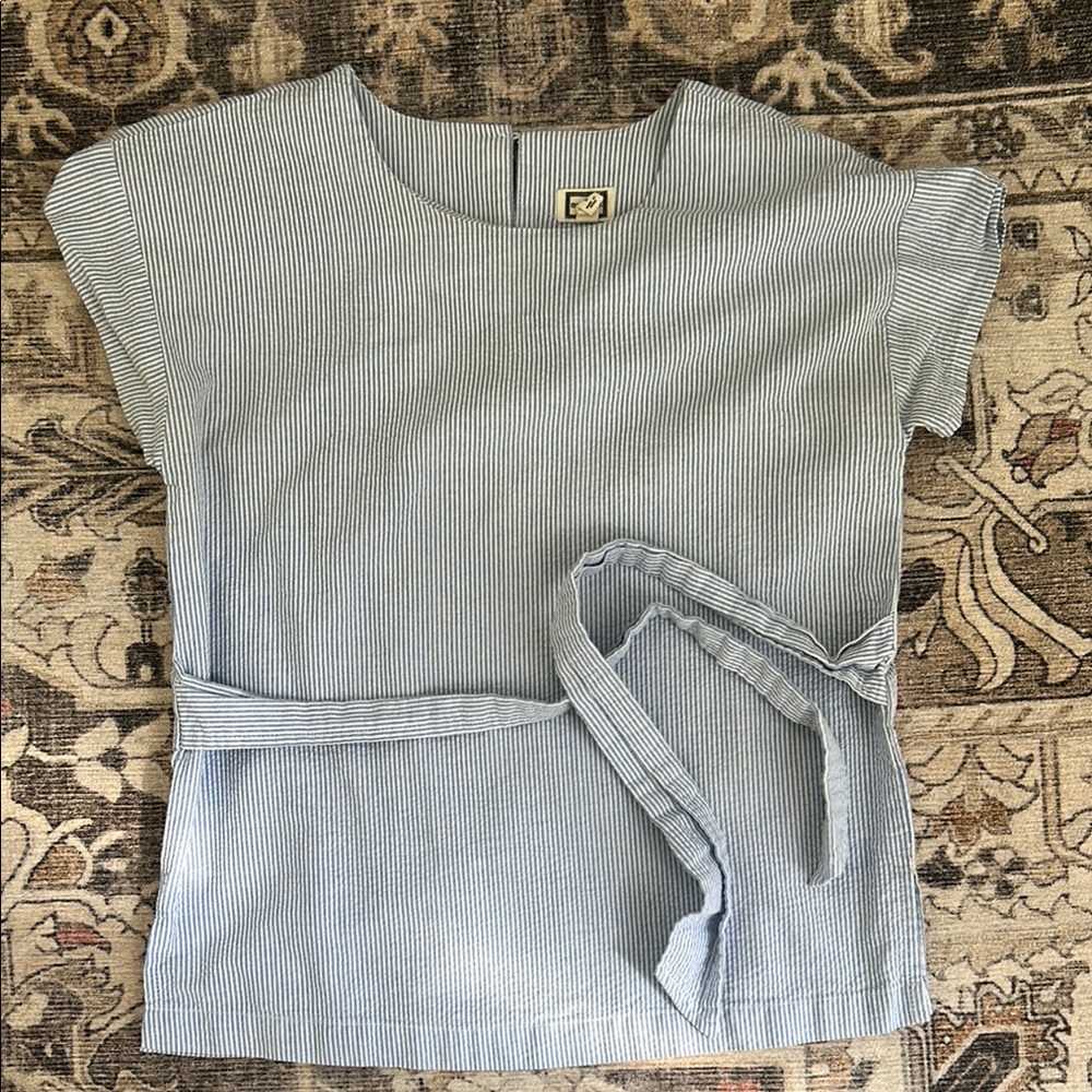 Blue Striped Short Sleeve Top with Belt